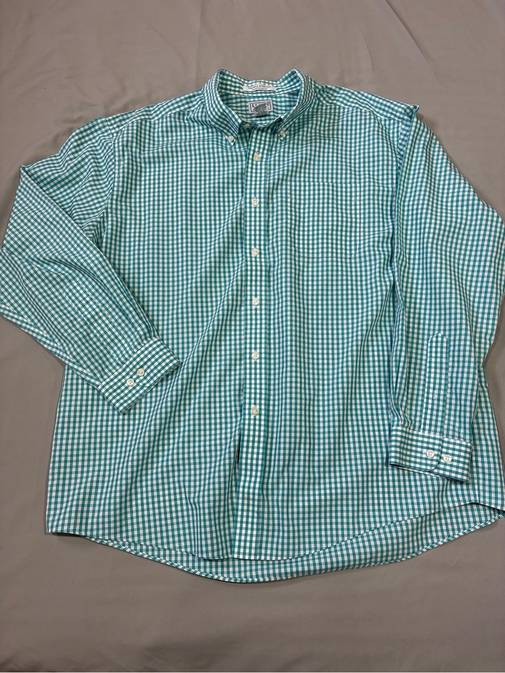 LL Bean Men's Sea Green Gingham Wrinkle Resistant Traditional  Long Sleeve XL